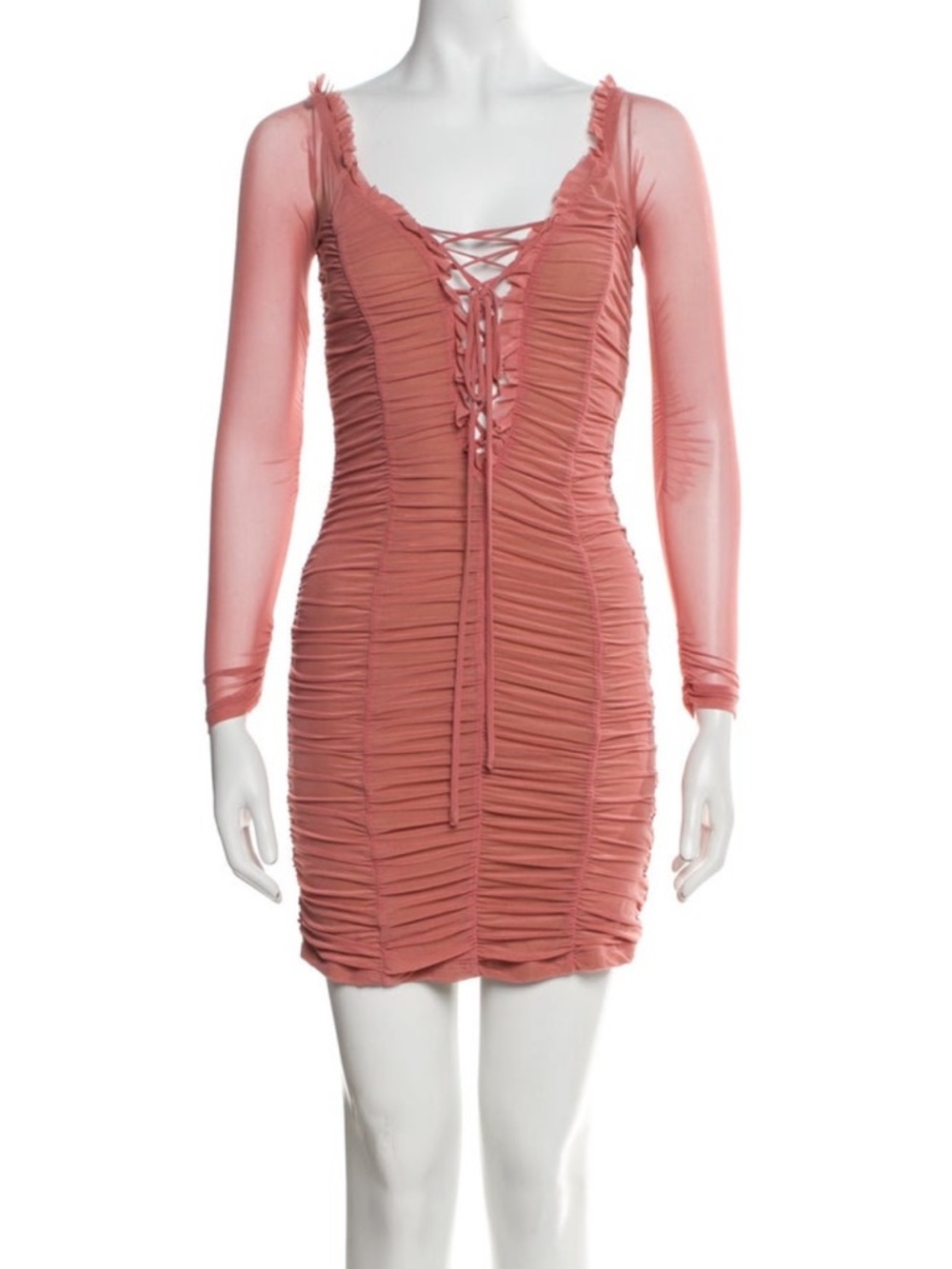 MAJORELLE Coral-Peach Lace-Up Ruched Mini Dress